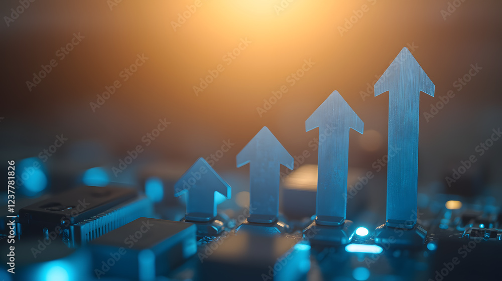 Poster abstract concept of growth and progress represented by silver arrows rising above a circuit board in