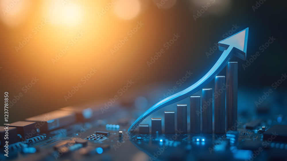 Poster abstract representation of financial growth with a glowing arrow and bar graph on a circuit board ba