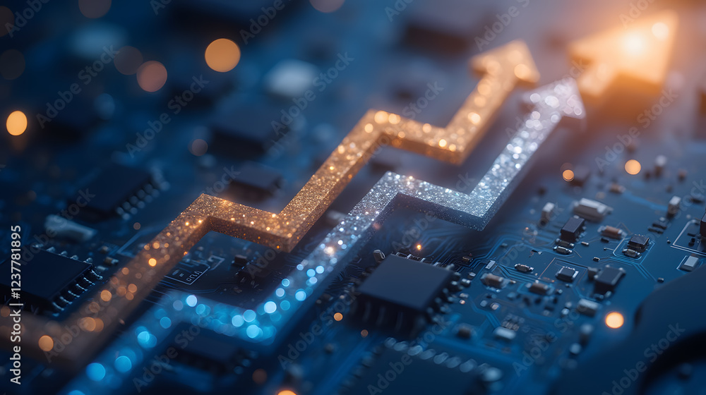 Poster conceptual illustration of digital growth and progress represented by arrows on a circuit board with