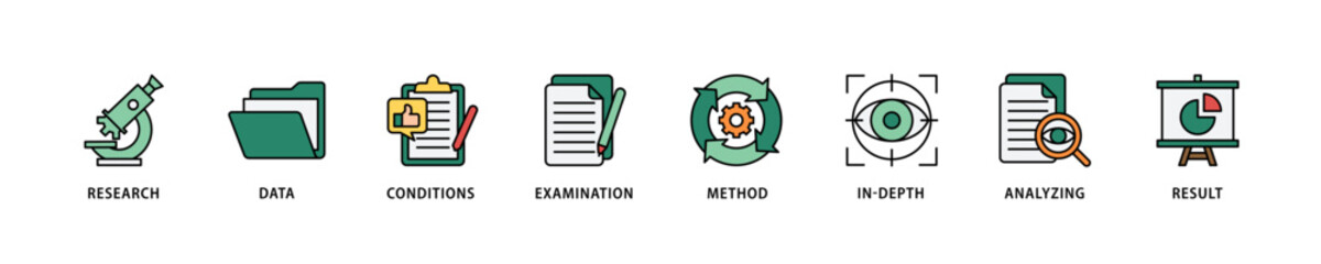 Case study icon set flow process which consists of research, data, conditions, examination, method, in-depth, analyzing, and result icon live stroke and easy to edit .