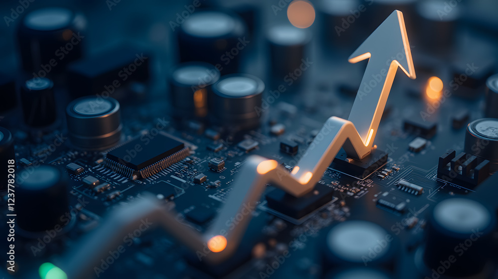 Poster abstract representation of growth and success with a glowing upward arrow on a circuit board backgro