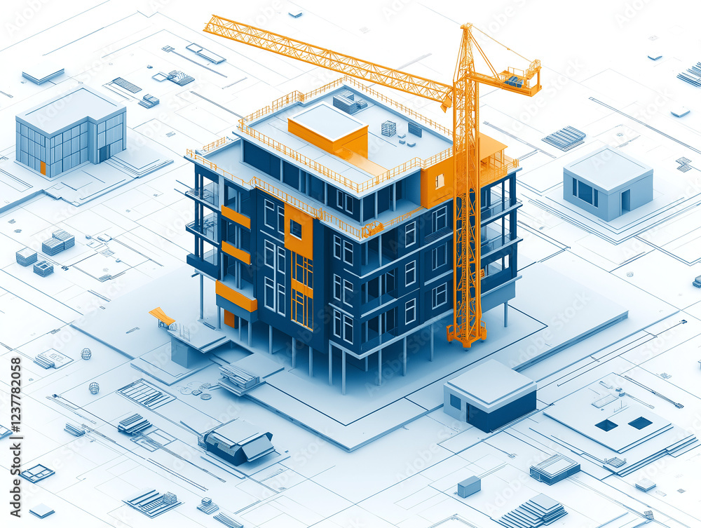 Poster isometric model of a building under construction . generative ai