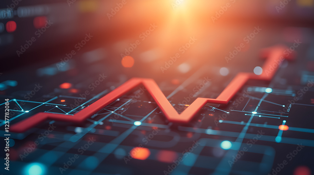 Poster digital graph with red arrow and glowing background, representing financial growth and data analytic