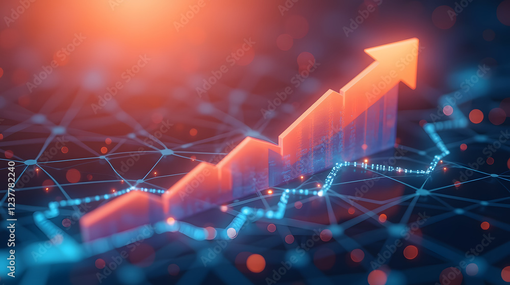 Poster innovative digital graph with rising arrow symbolizing growth and success in a technology background