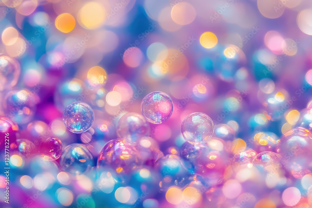 Poster colorful abstract background featuring shimmering bubbles amidst a blurred bokeh effect