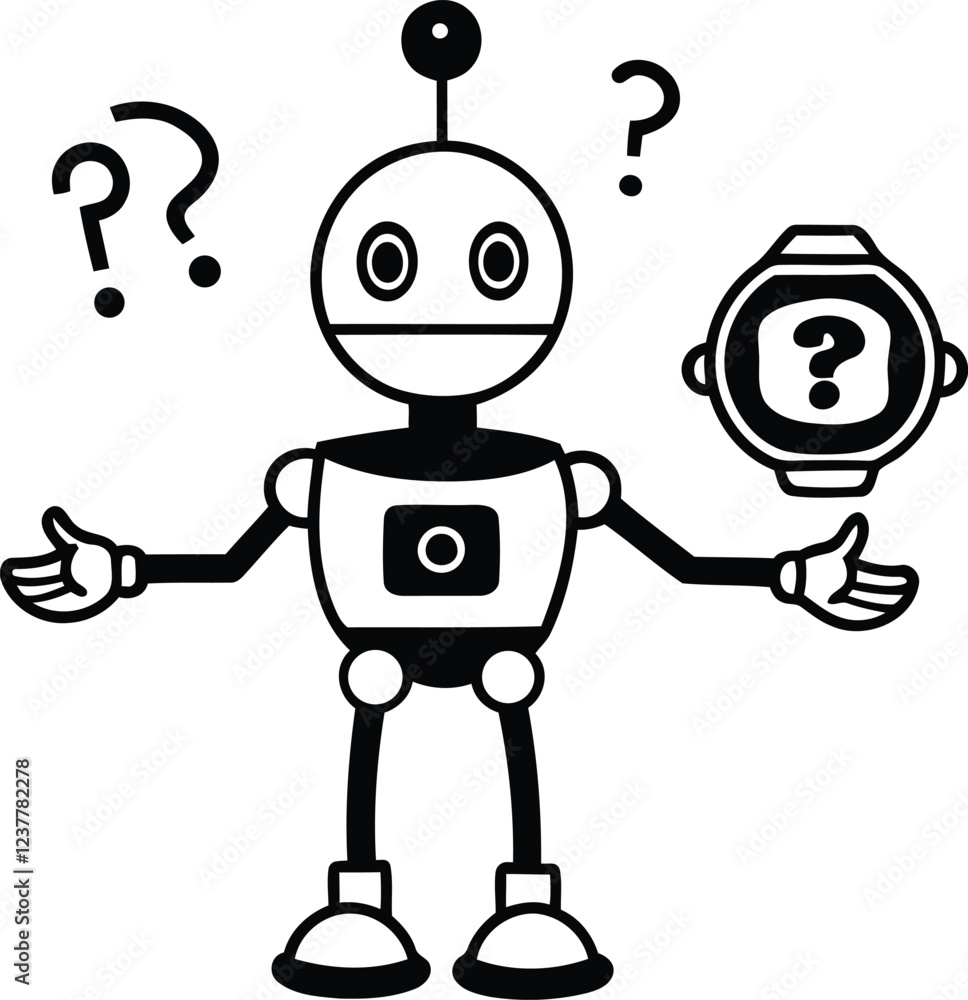 Poster robot with search icon in this hand vector art, modern robot silhouette vector illustration, robot i