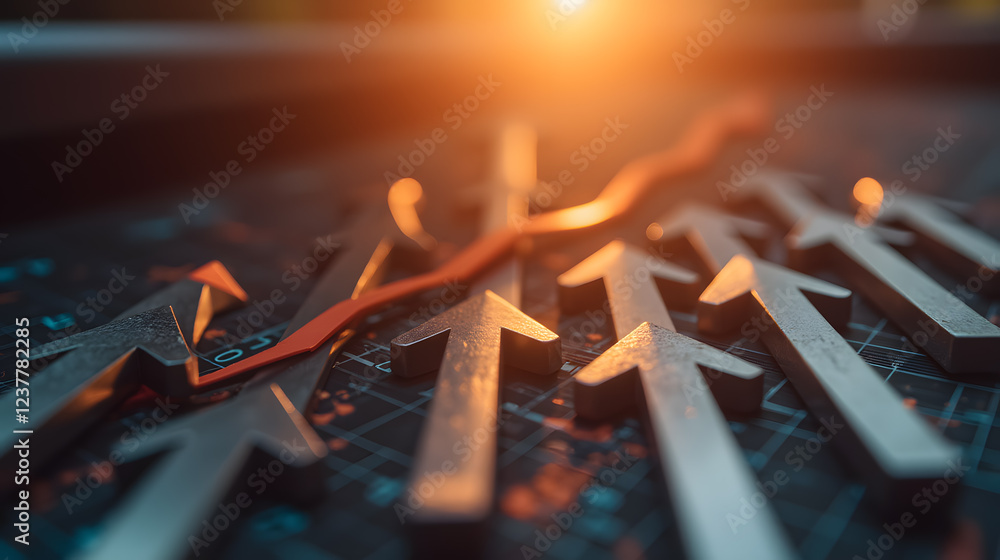 Poster dynamic growth and progress concept with metallic arrows and graph illustrating successful business 