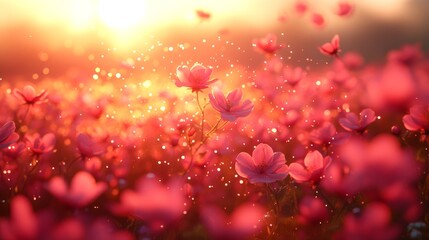 Pink flower field with golden sparkling light at sunset. Magical, romantic, and enchanting. Ideal for wedding themes, spring designs, cards, banners, and social media.