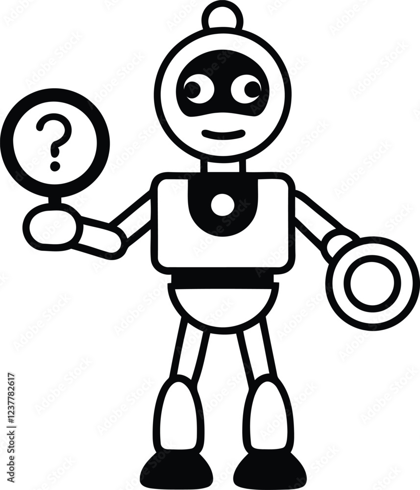 Poster robot with search icon in this hand vector art, modern robot silhouette vector illustration, robot i
