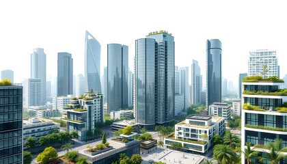Obraz premium A strikingly modern small city, where sleek glass towers reach upward, surrounded by lush rooftop gardens, all set against a pure white canvas