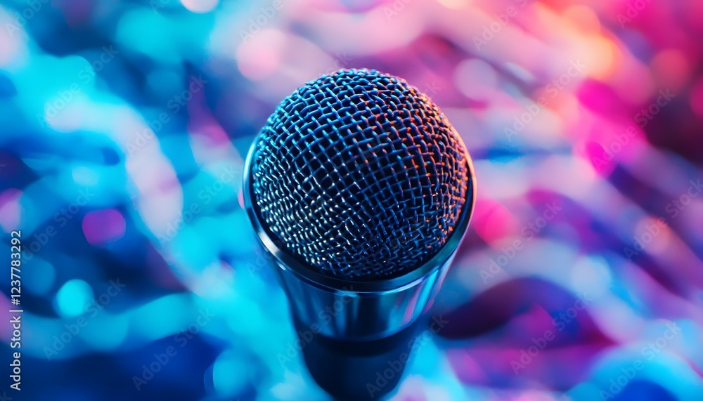Poster a close up view of a microphone against a colorful background