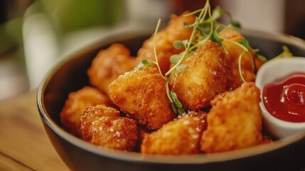 A bowl of golden, crispy fried snacks served with a side of ketchup.