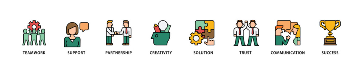 Collaboration icon set flow process which consists of teamwork, support, partnership, creativity, solution, trust, communication, success icon live stroke and easy to edit .