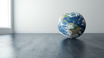Earth globe rests on dark floor, bright room, sustainability concept