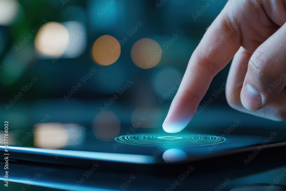 Poster hybrid workspaces concept. a close-up of a finger touching a tablet screen displaying a glowing biom