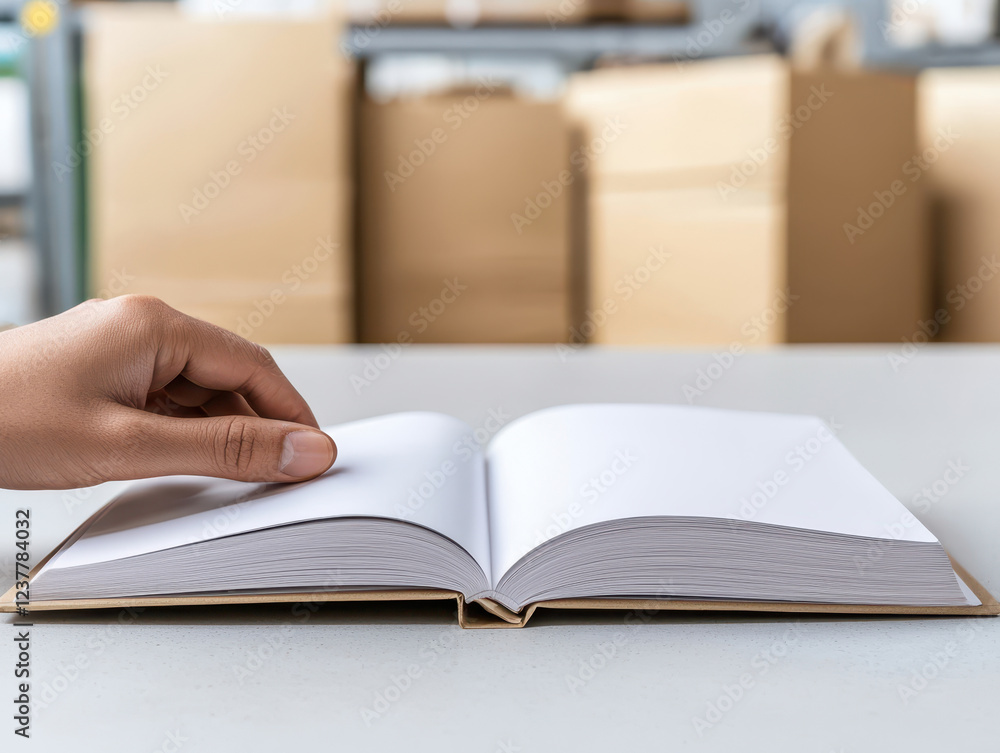 Poster hybrid workspaces concept. an open book with blank pages is being held by a hand, with cardboard box