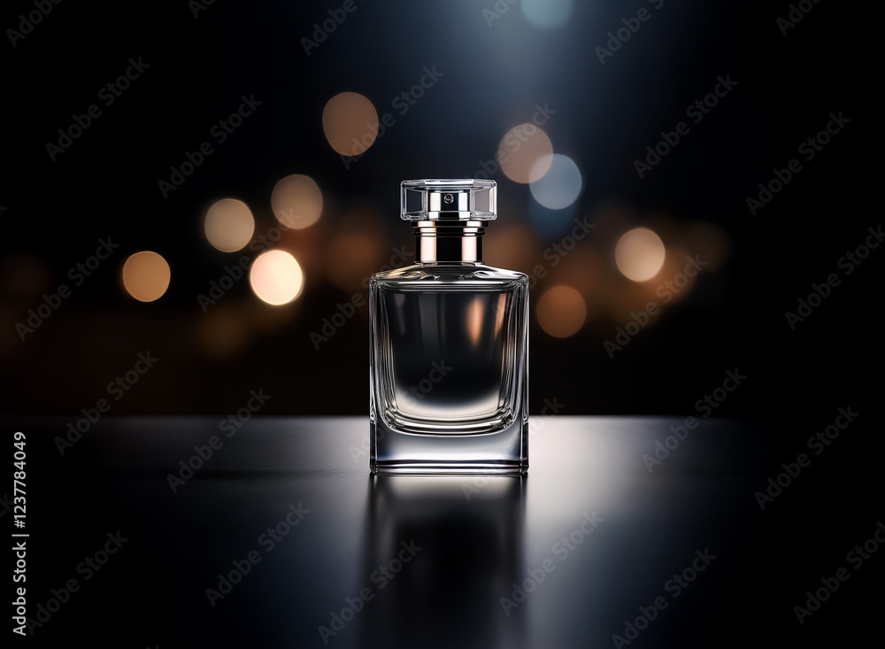 Poster a clear glass perfume bottle with a square base sits on a dark reflective surface, illuminated by so