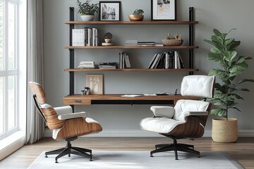 Sleek dark wood and black metal ladder shelf with four shelves in modern office, holding books, photo frames, vases, plants, baskets, white chairs, and natural lighting