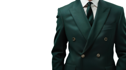 Businessman wearing elegant green suit and tie on transparent background
