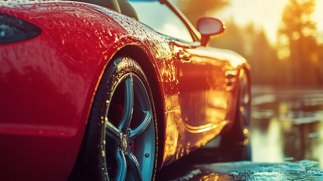 Vibrant red convertible sports car receiving a cleaning under golden sunset lighting