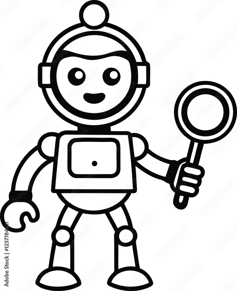 Poster robot with search icon in this hand vector art, modern robot silhouette vector illustration, robot i