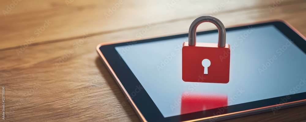 Poster identity theft cybercrime verification concept. a red padlock sits atop a tablet screen, symbolizing
