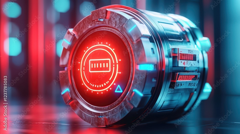 Poster identity theft cybercrime verification concept. a futuristic, illuminated battery-like device with a