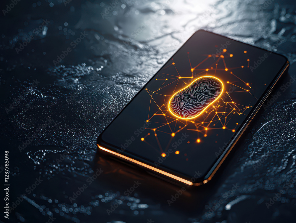 Poster identity theft cybercrime verification concept. a sleek smartphone displays a glowing fingerprint de