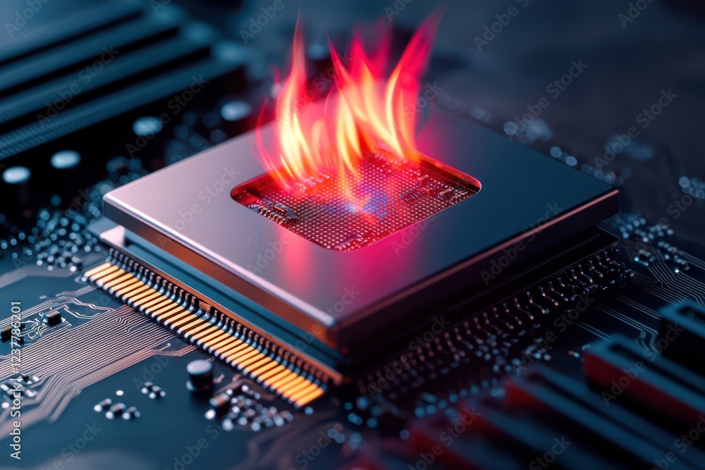Poster identity theft cybercrime verification concept. a close-up of a computer chip with fiery flames emer