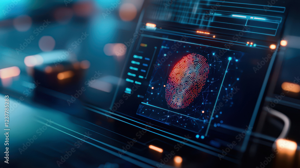 Poster identity theft cybercrime verification concept. a futuristic interface displays a digital fingerprin