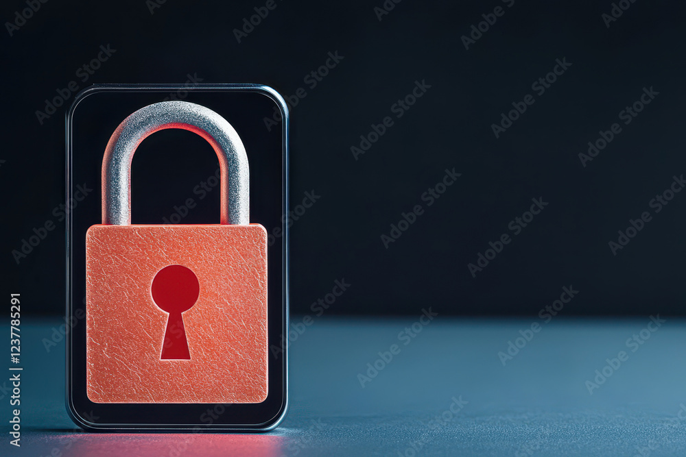 Poster identity theft cybercrime verification concept. a close-up of a red padlock on a dark background, sy