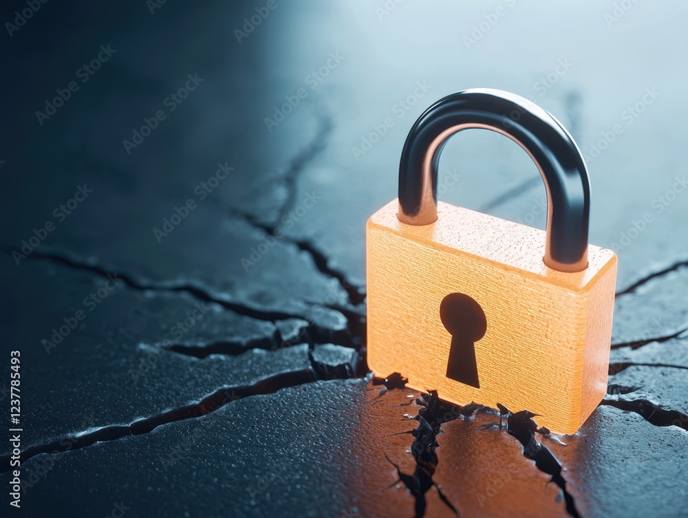 Poster identity theft cybercrime verification concept. a padlock rests on a cracked surface, symbolizing se