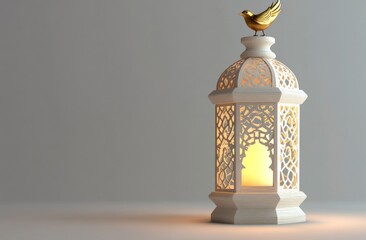 3D render of a Ramadan lantern with a golden bird on top, a simple design, Arabic-style patterned glass and white wood, with a glowing light from the inside