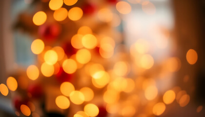 Fototapeta premium warm golden bokeh lights, soft focus, Christmas tree silhouette, cozy holiday atmosphere, blurred festive background, orange glow, defocused lights, magical ambiance, intimate setting, seasonal decora