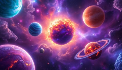 Vibrant Cosmic Planets Nebula Fantasy Art Wallpaper