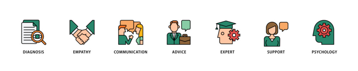 Counseling icon set flow process which consists of diagnosis, empathy, communication, therapy, advice, expert, and support icon live stroke and easy to edit .