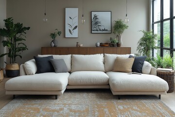 Beige corner sofa with chaise lounge in living room interior, coffee table and sideboard in modern home decor, contemporary furniture for small apartment, home lifestyle mock-up