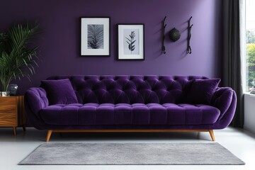 Modern Scandinavian living room with black fabric sofa, wooden legs, grey rug, purple wall, picture frame, and coat rack near sideboard.