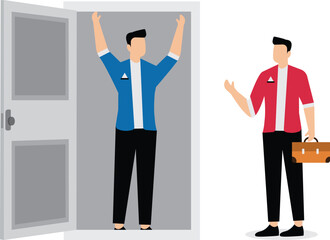 Businessman standing inside the door vs. businessman standing outside the door, career choice and abandonment, failure and success, job replacement, human resource management