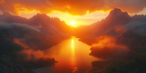 Naklejka premium Majestic Sunset Over Misty Mountain Lake