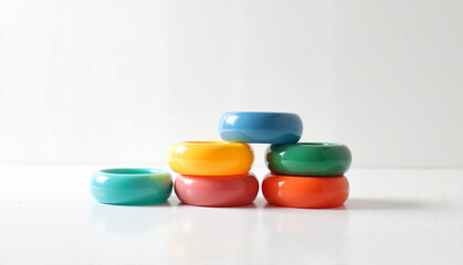 Colorful stack of glossy plastic rings on white background with copy space