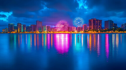 Fototapeta premium Waikiki fireworks, city reflection, night