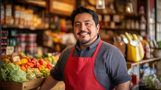 friendly grocer smiling in produce section - Powered by Adobe
