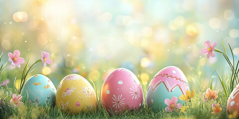 Fototapeta premium Fröhliche Ostern-Hintergrund, Kartenvorlage, Ostereier, fröhliche Ostern, Oster-Tapete, Werbeschild, Werbebanner, Frohe Ostern