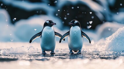 A penguin couple skating together on a frozen lake with heart-shaped ice formations