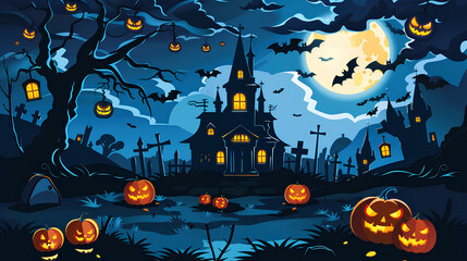 Halloween background with a full moon, haunted house, and spooky pumpkins in a cemetery on a dark night. Halloween concept for design. Spooky night with a black sky, vampire castle, and scary pumpkin