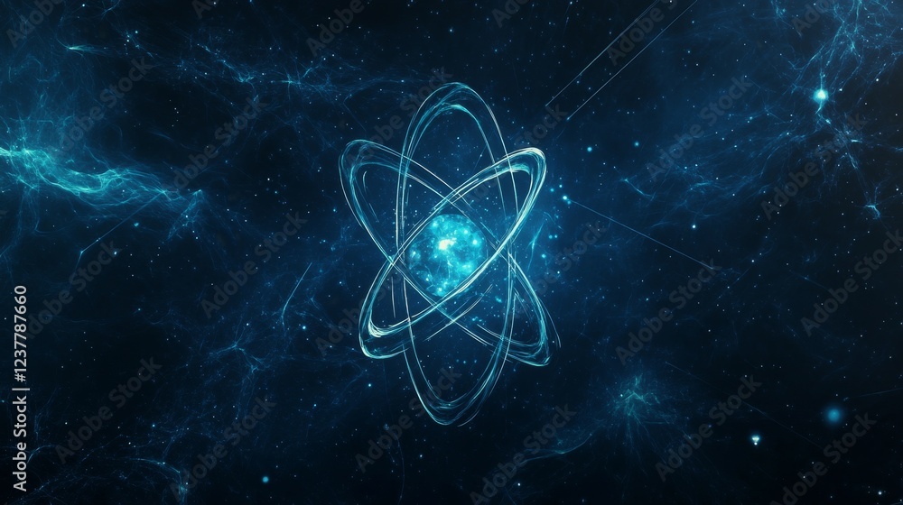 Poster abstract molecular structure with glowing atoms and connected nodes on a futuristic science backgrou