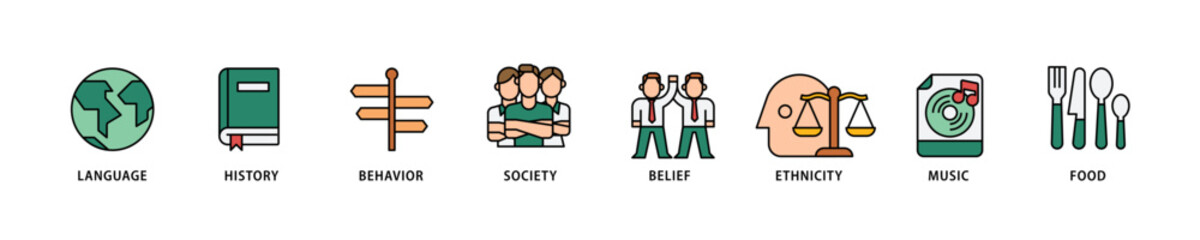 Culture icon set flow process which consists of food, music, society, ethni, city, belief, behavior, history, language icon live stroke and easy to edit .