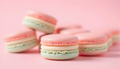 Fototapeta premium Pastel pink macarons, soft focus, delicate French pastries, light green filling, pink background, close-up photography, sweet desserts, patisserie, soft lighting, minimalist composition, food styling,