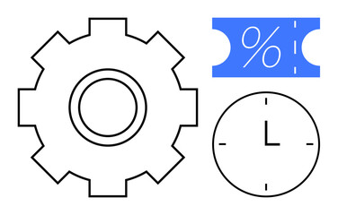 Gear cog, discount ticket with percent sign, and clock symbolizing productivity, savings, and time management. Ideal for business efficiency, promotional strategy, scheduling, workflow optimization